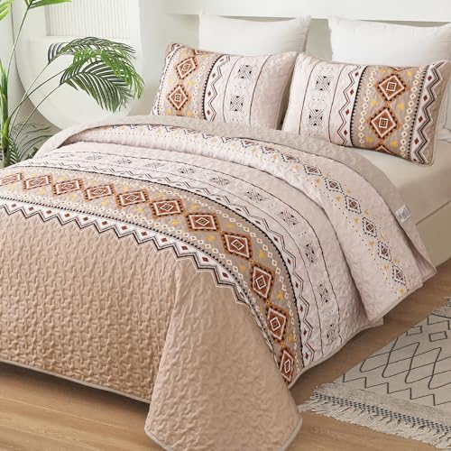 WONGS BEDDING Boho Beige Quilt Set Queen Size 1