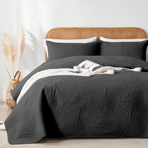 OARAGE Queen Quilt Bedding Set Black Leaf Pattern Microfiber Bedspread