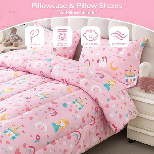 Viviland Girls Twin Comforter Set - Pink Unicorn Princess Rainbow