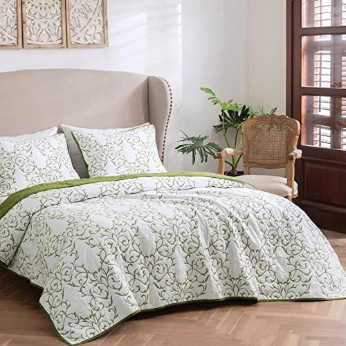 mixinni Reversible King Size Cotton Quilt Set with Embroidered Shams