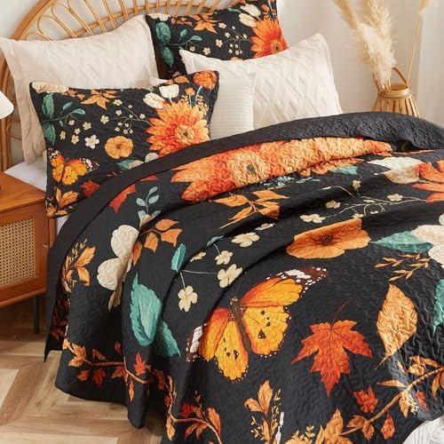EVEHUG Black Sunflower Reversible Quilt Set Queen Size