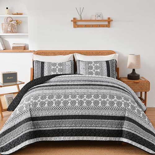 WONGS BEDDING Grey Boho Quilt Set King Size 3 pcs