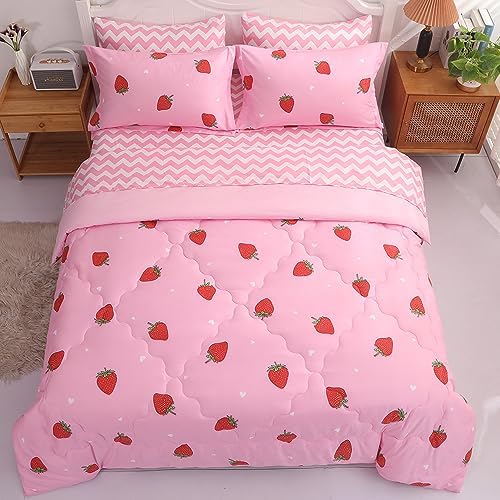 Gusuhome Strawberry Comforter Set Full Size for Girls
