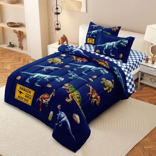 Leaflin Kid Twin Comforter Set - Dinosaur Themed Blue Bedding
