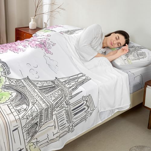 jejeloiu Paris Themed Bed Sheet Set King Size