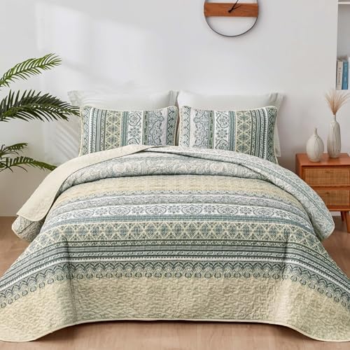 WONGS BEDDING Boho Quilt Set Queen Size Beige 3 Pieces