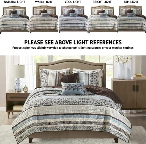 Madison Park Quilt Set with Jacquard Stripes - 5 Piece Floral Blue