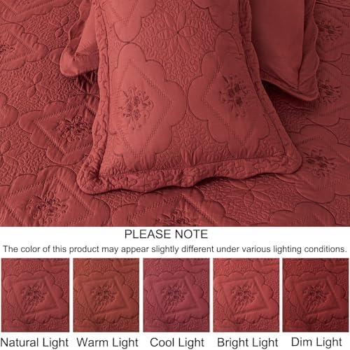 Cmfshape Queen Quilt Set 3 Pieces - Burgundy Floral Embroidery