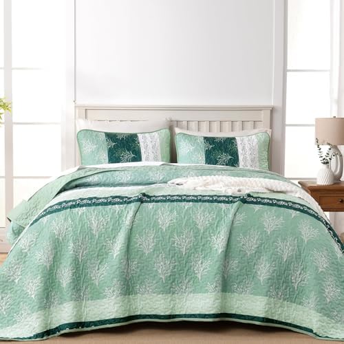 DJY Boho Queen Quilt Set Green Striped Floral Bedspread Coverlet 3 Piece