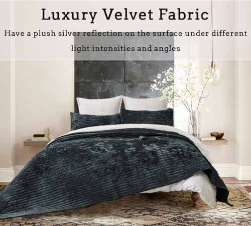 3 Piece Velvet Oversized King Quilt Set Grey Blue
