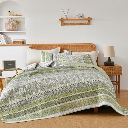 WONGS BEDDING Sage Green Boho Quilt Set Queen Size 3 Pieces