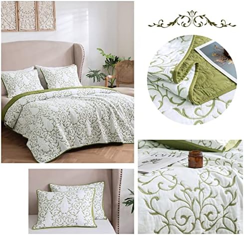 mixinni Reversible King Size Cotton Quilt Set with Embroidered Shams