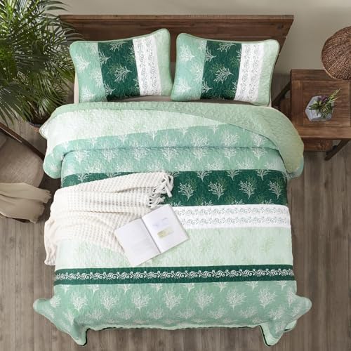 DJY Boho Queen Quilt Set Green Striped Floral Bedspread Coverlet 3 Piece