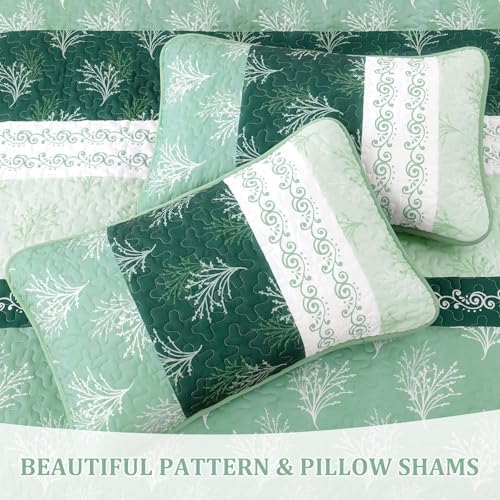 DJY Boho Queen Quilt Set Green Striped Floral Bedspread Coverlet 3 Piece