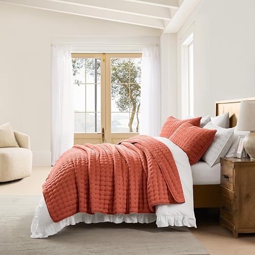 Burnt Orange Cal King Quilt Set with Pillow Shams 3 Piece Bedding