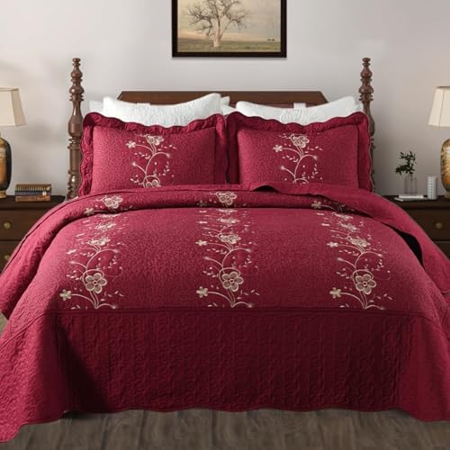 MarCielo 3 Piece Quilt Set Bedspread Microfiber Embroidered Comforter Set
