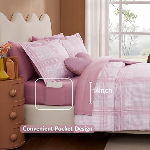Rose Pink Plaid Comforter Set for Girls 7 Piece 1