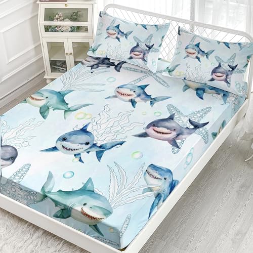 AILONEN Shark Fitted Sheet Set Twin XL - Ocean Blue Starfish