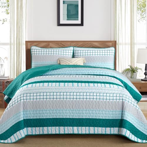 DJY Striped Quilt Set Queen Size Teal Boho