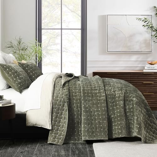 Grassix Velvet Quilt Set King Size Luxe Olive Green