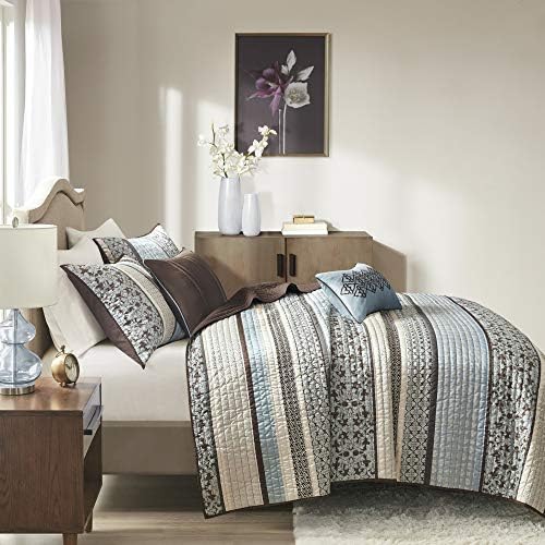 Madison Park Quilt Set with Jacquard Stripes - 5 Piece Floral Blue