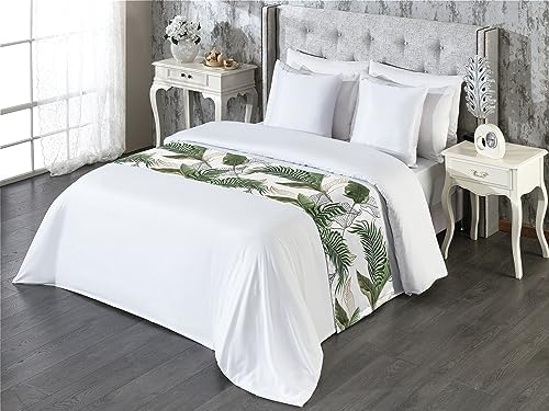Ambesonne Tropical Bed Runner Queen Size Army Green White Pattern