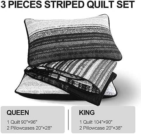 DJY King Size Quilt Set 3 Pieces Black Striped Microfiber