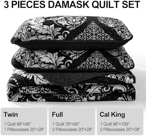 DJY Black Damask Cal King Quilt Set 3 Pieces