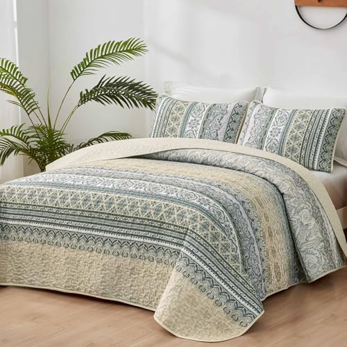 WONGS BEDDING Boho Quilt Set Queen Size Beige 3 Pieces
