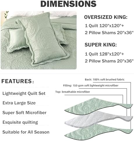 Cmfshape King Quilt Set 3PCS Sage Green Oversized 1