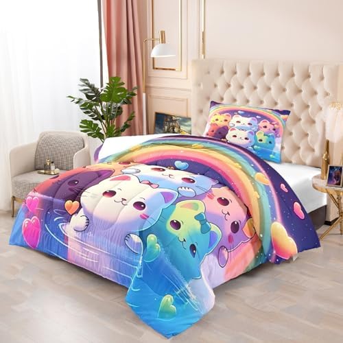 Rainbow Cat Comforter Twin Set - 1 Comforter 1 Pillowcase 1