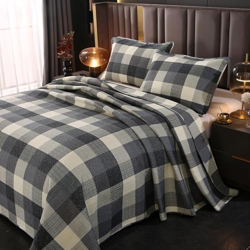 vctops Farmhouse Blue Plaid Quilt Set Queen 3 Pieces