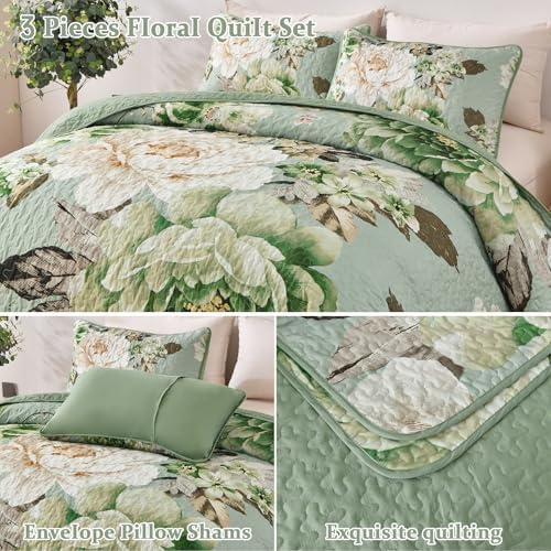 WONGS BEDDING Sage Green Floral Quilt Set King