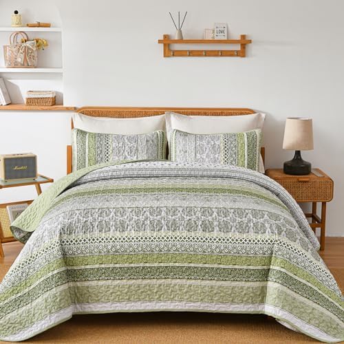 WONGS BEDDING Sage Green Boho Quilt Set Queen Size 3 Pieces