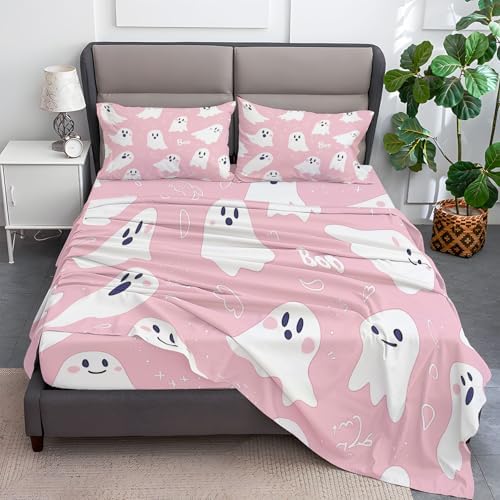4-Piece Twin XL Cartoon Pink Ghost Fitted Sheet Set