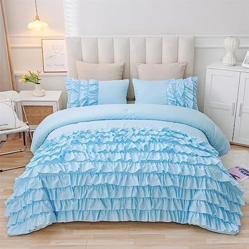 Holawakaka Light Blue Waterfall Ruffle Comforter Set