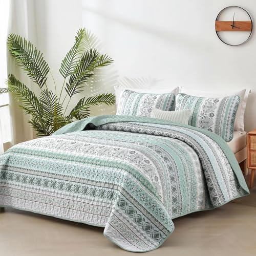 Goodidea Boho Quilt Set Cal King 3 Piece Mint Green Striped Microfiber Bedding