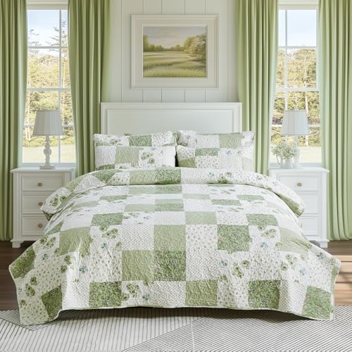 VIVILINEN Full Queen Green Floral Plaid Quilt Set