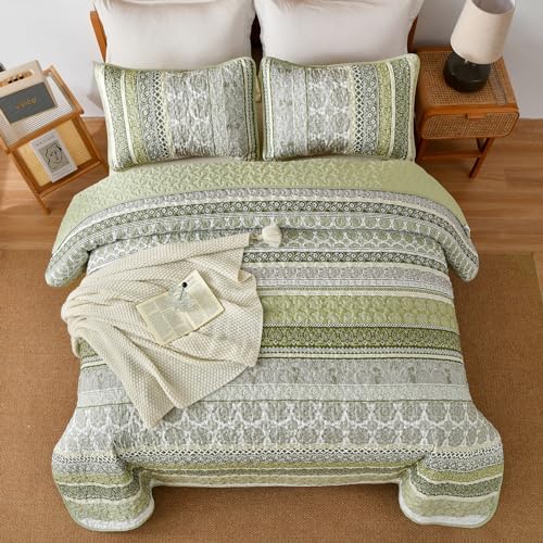 WONGS BEDDING Sage Green Boho Quilt Set Queen Size 3 Pieces