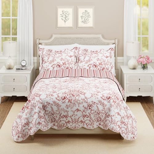 Garden Toile 3-Piece Reversible Quilt Set - Red 1