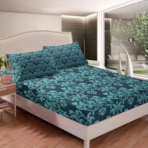 Erosebridal Damask Sheet Set Turquoise Teal 3 pcs Deep Pockets