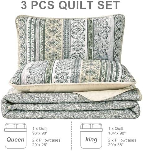 WONGS BEDDING Boho Quilt Set Queen Size Beige 3 Pieces