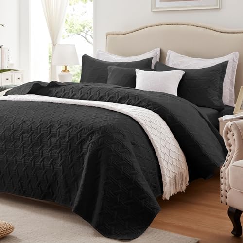LEAONME King Size Quilt Set 3 Pieces - Black Microfiber Bedspread