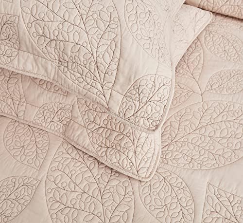 CHIXIN Botanical Cotton Quilt Set - Leaf Pattern Reversible 3 Piece Oatmeal