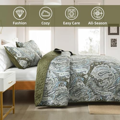 DJY Green Paisley Quilt Set King Size 3 Pieces