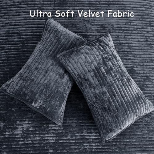 3 Piece Velvet Oversized King Quilt Set Grey Blue