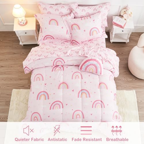 Mooreeke Kids Bed in a Bag Set 6 Pieces Twin Rainbow Pink