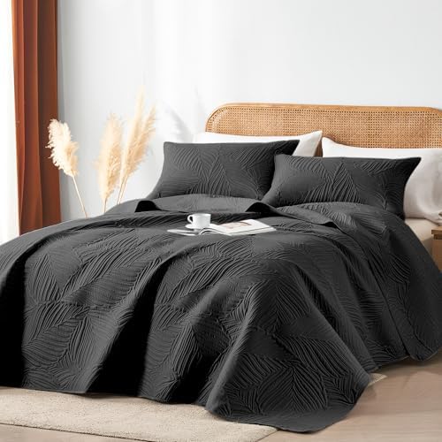 OARAGE Queen Quilt Bedding Set Black Leaf Pattern Microfiber Bedspread