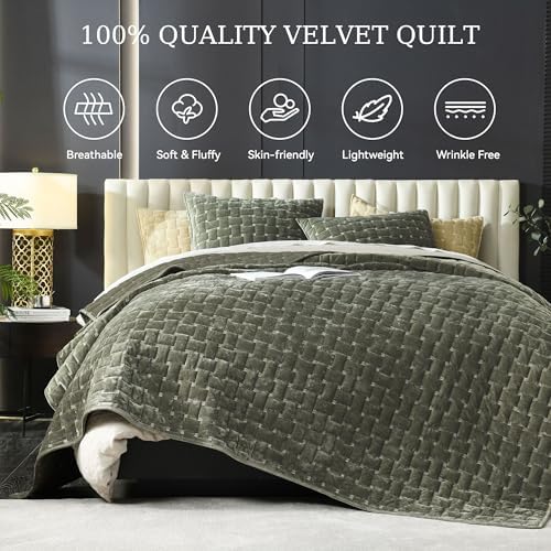 Grassix Velvet Quilt Set King Size Luxe Olive Green