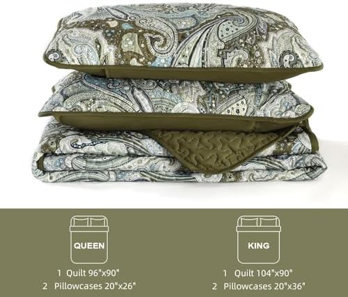DJY Green Paisley Quilt Set King Size 3 Pieces